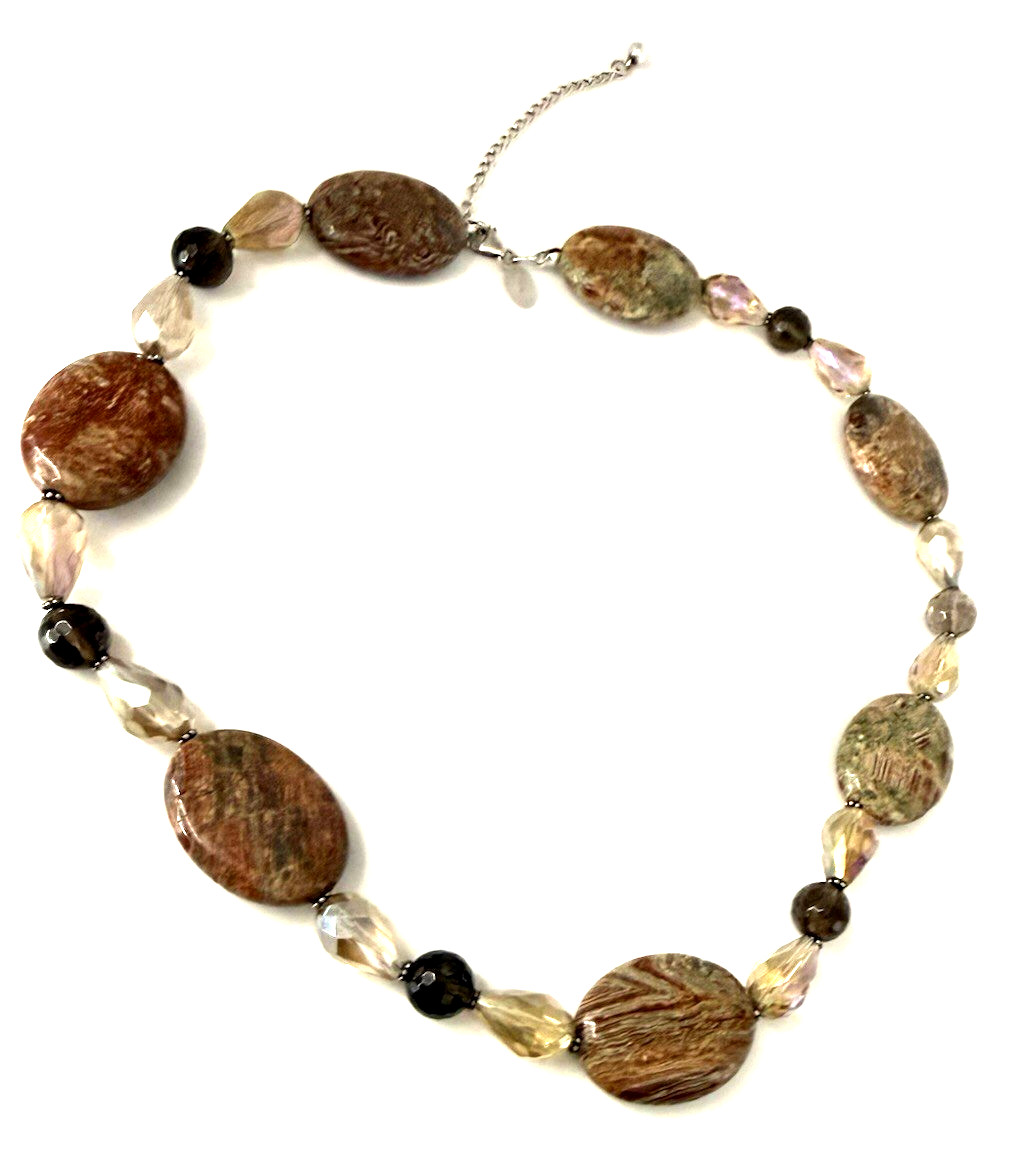 DONNA DRESSLER 17″ Chunky Brown/Orange Agate & Crystal 925 Sterling Necklace