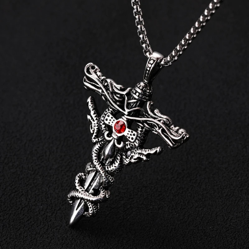 Punk Gothic Necklace Men Alloy Dragon Sword Evil Eye Cross Pendant Jewelry Gift