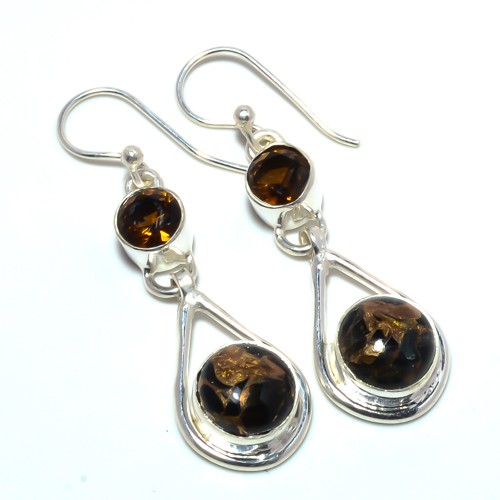 Copper Black Turquoise, Smoky Quartz 925 Sterling Silver Earring 1.44″ E136