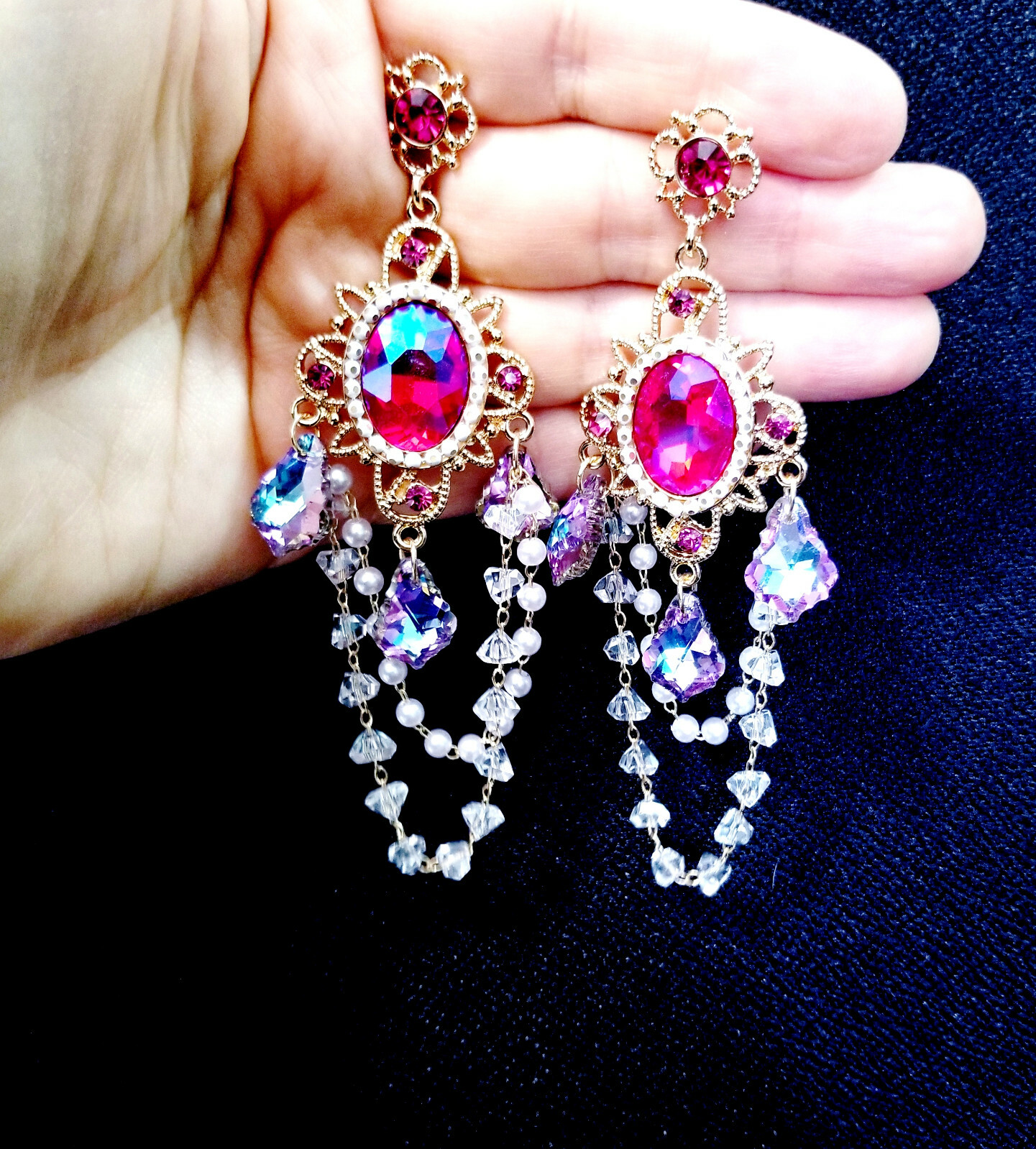 Pink Drop Rhinestone Crystal Earrings Chandelier Pageant Prom Statement 4.1 in