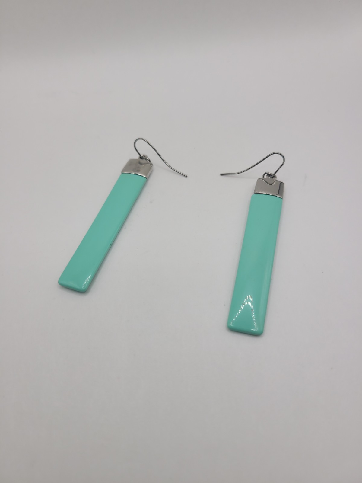 Modern Blue-Green Bar Dangle Earrings Silver Tone Minimalist Geometric Long Drop