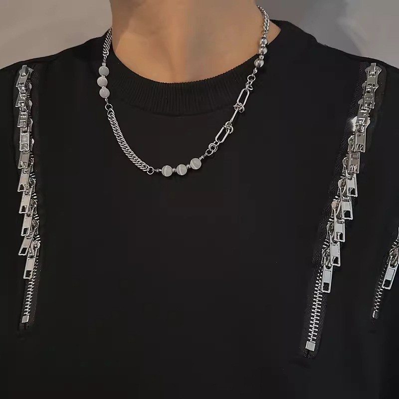 Silver Titanium Steel Alloy Spliced Chain Necklace Stone Beads Minimalist Street