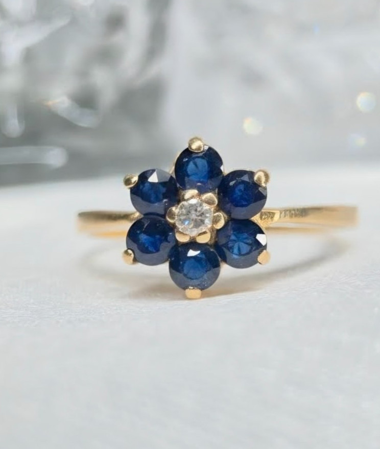 14k Solid Sapphire & Diamond Flower Cluster Ring Sz 6.5 Vtg Ring Everyday Wear