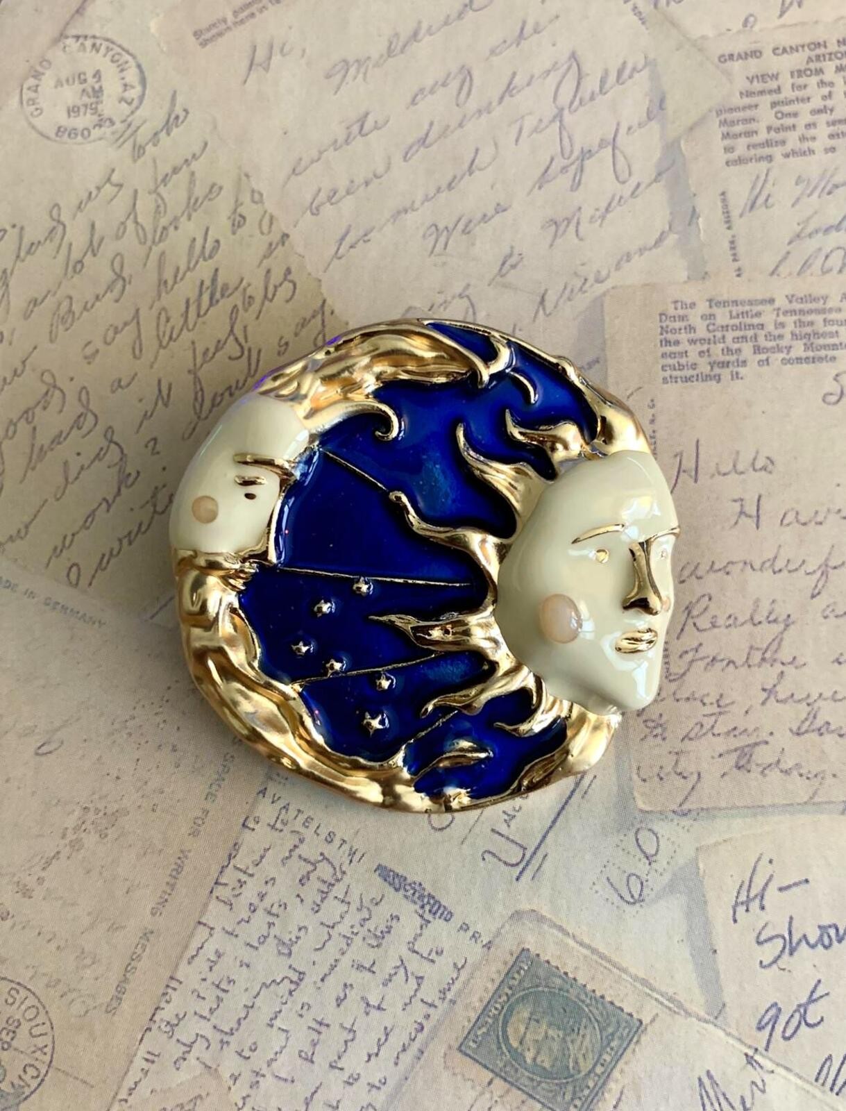 Celestial Sun Moon Blue Enamel Round Brooch