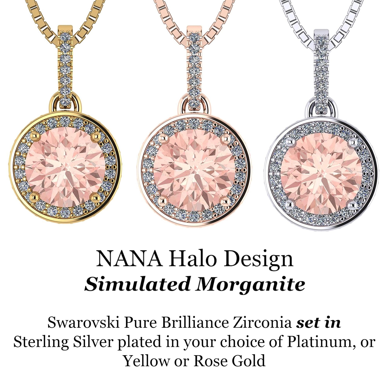 1.00ct Round Simulated Morganite Halo Necklace in 925 Sterling Silver & Zirconia