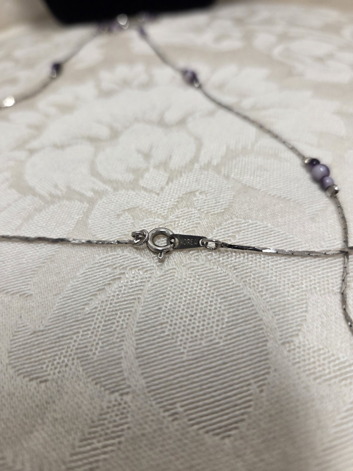 Vintage Tone Station Snake Chain Necklace Purple Glass Beads Spring Ring Korea