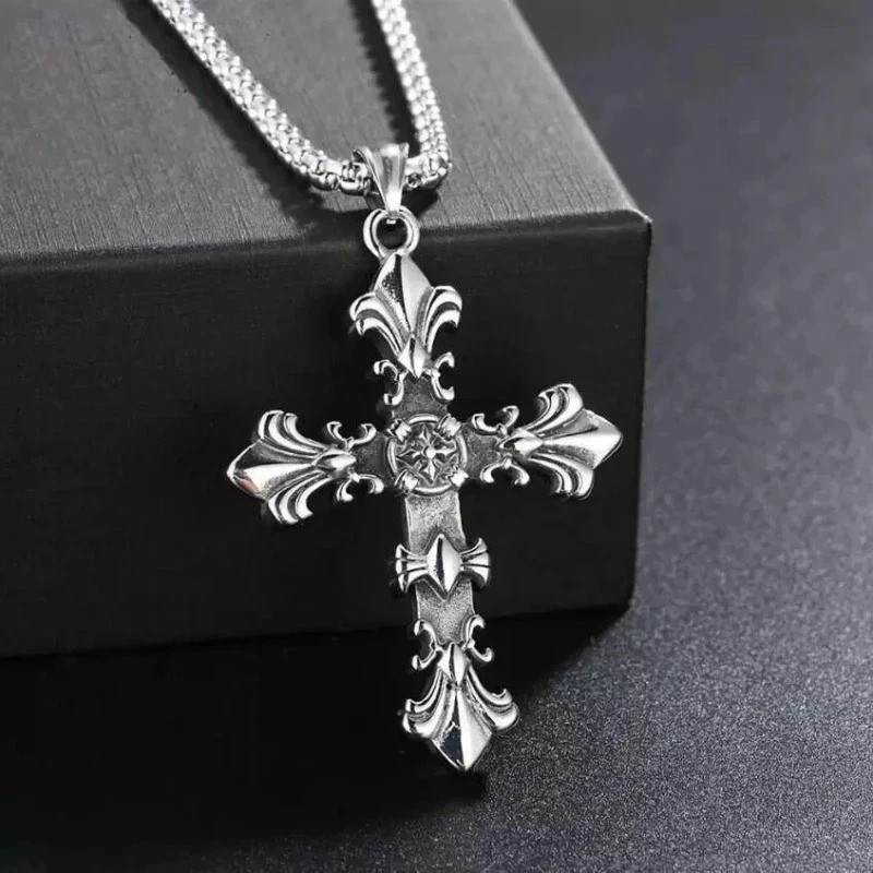 Mens Stainless Steel Cross Necklace Bracelet Set Vintage Silver Jewelry