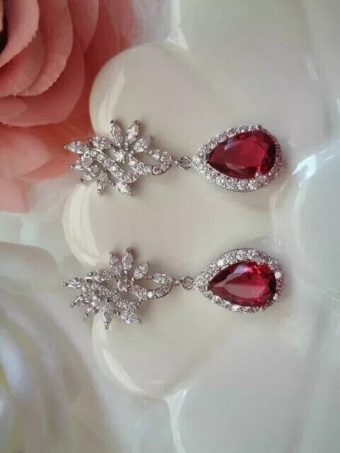 3Ct Pear Cut Simulated Ruby Stunning Drop Dangle Earrings 14K White Gold Plated
