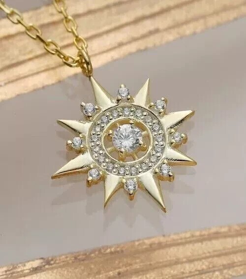 Round Simulated Diamond Stunning Circle Pendant Chain In 14K Yellow Gold Plated