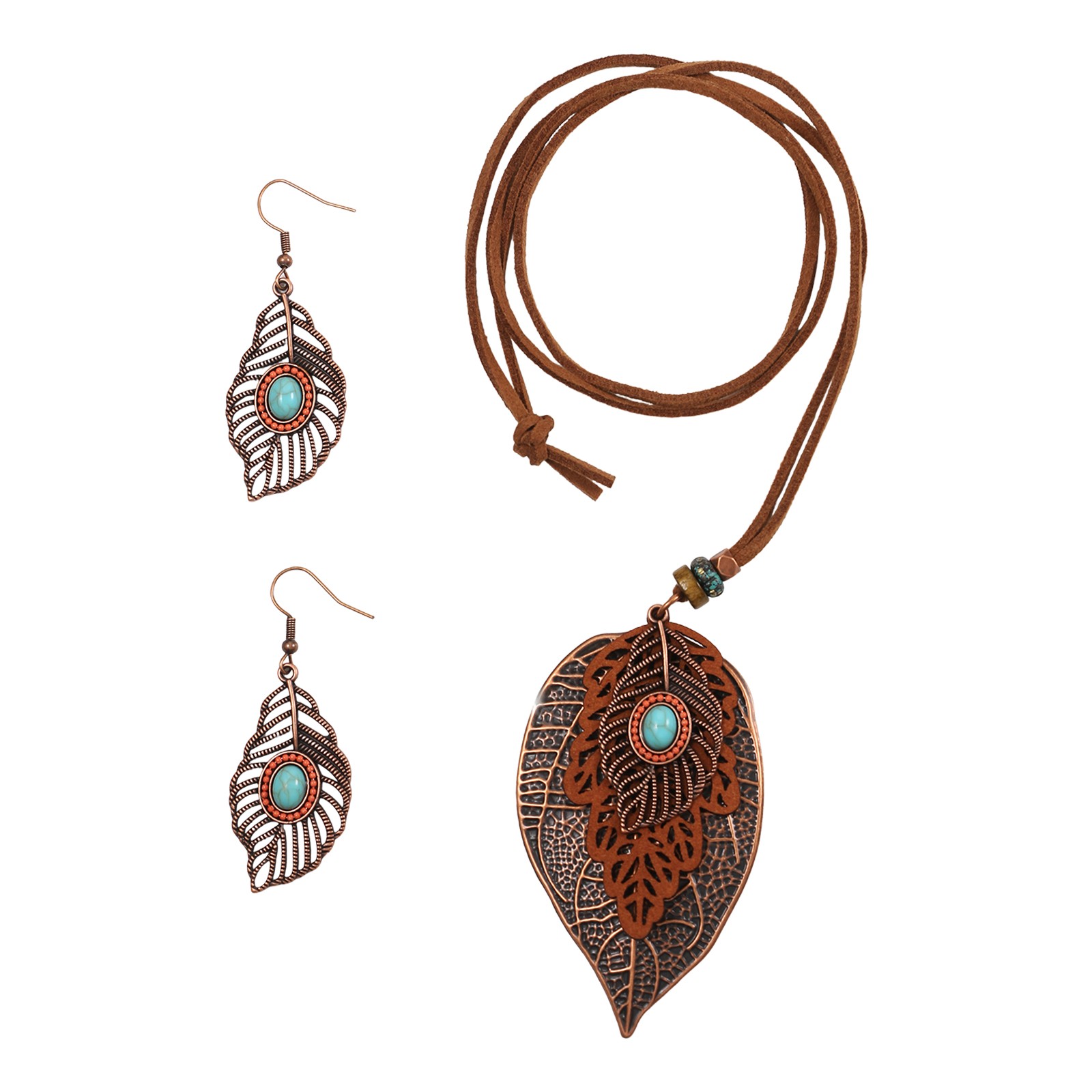 3Pcs Women Retro Bohemian Leaf Necklace Earring Set Turquoise PU Leather Jewelry