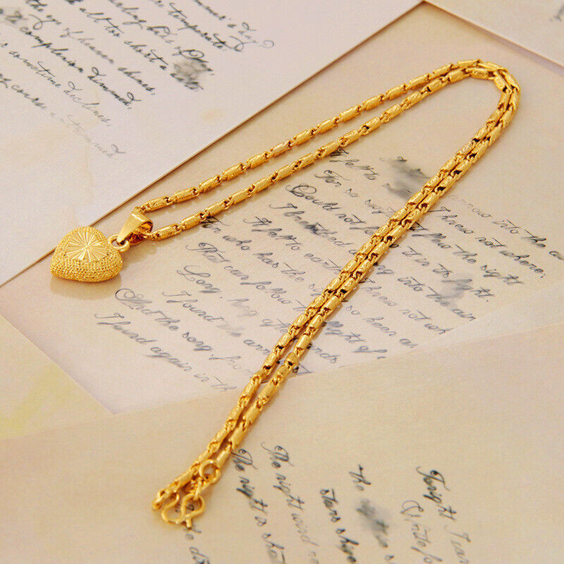 Women Girl Heart 22K 23K 24K THAI BAHT YELLOW GP GOLD NECKLACE Jewelry New