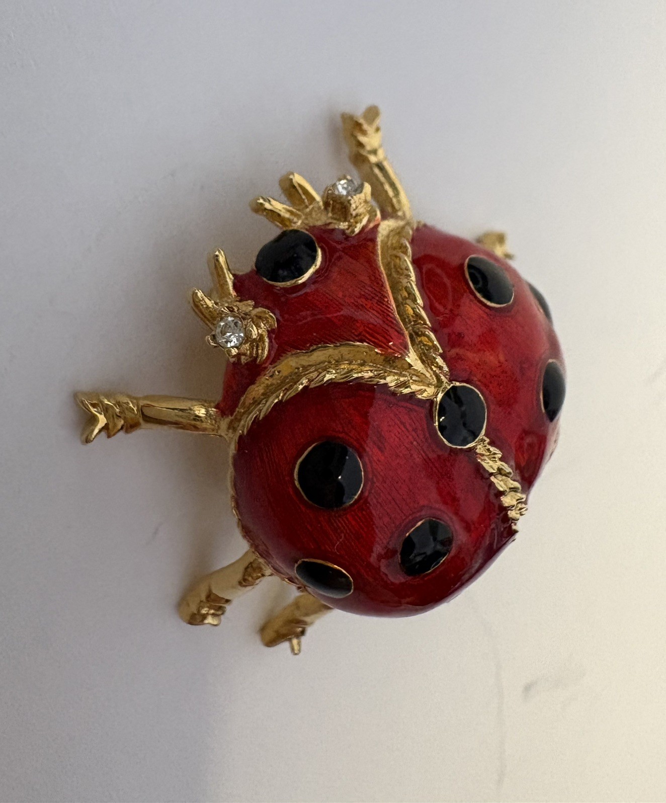 VTG Red Enamel Ladybug Brooch Pin Gold Tone Rhinestone Eye 3D Insect Bug Figural