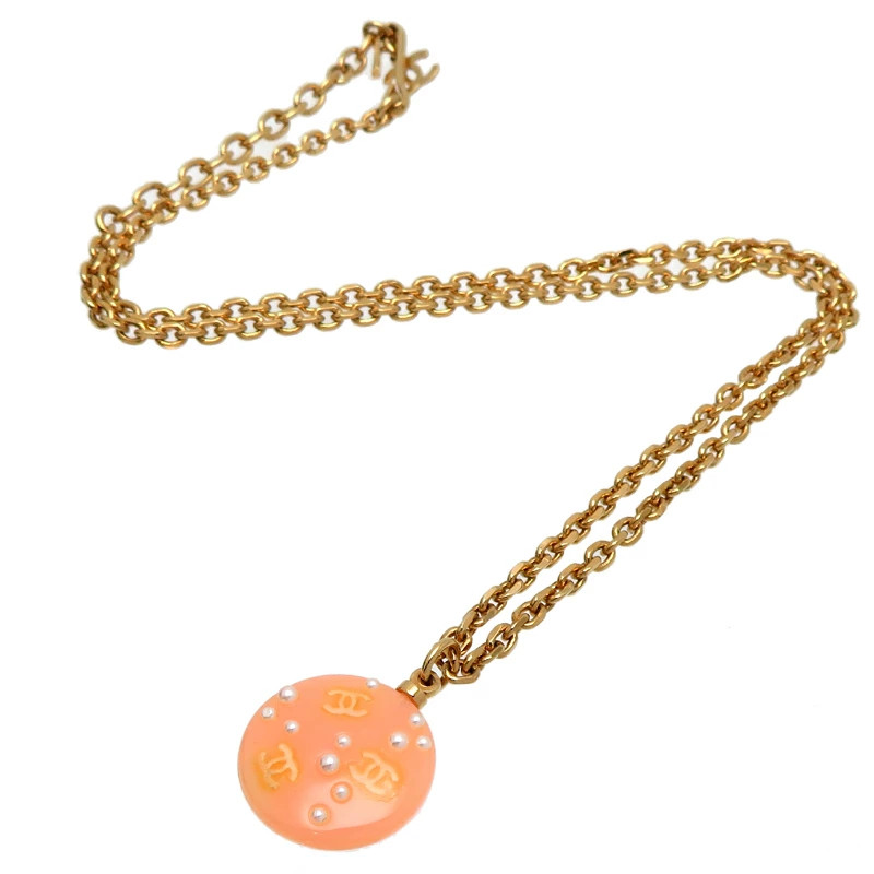 Chanel Cocomark Necklace Salmon Pink GP 16.7in, 0.7×0.9 in, Chain 0.1 in