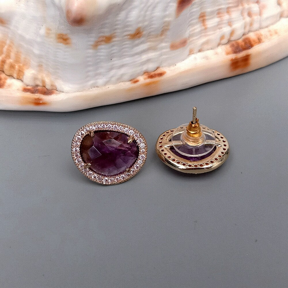 Natural Bezel Set Faceted Purple Amethyst Cubic Zirconia Pave Stud Earrings