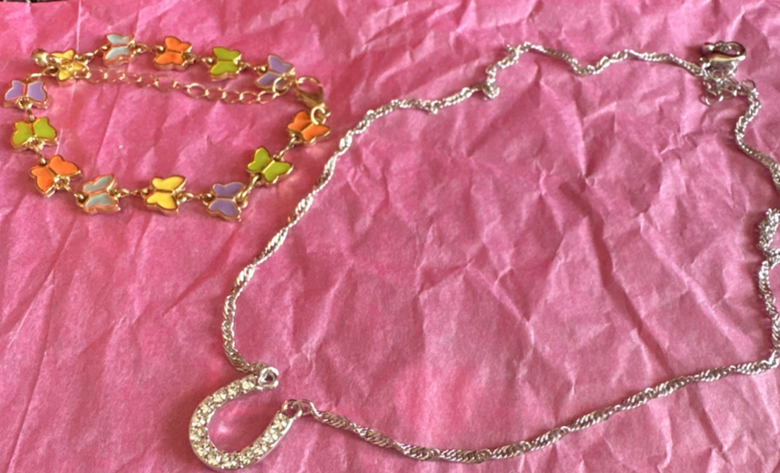 Multicolor Butterfly Enamel Bracelet & Silver Horseshoe Necklace Set Metal