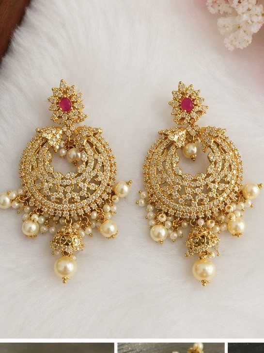 Traditional Indian Gold Tone Temple Pearl Earrings Pink Stone Bridal Jewelry