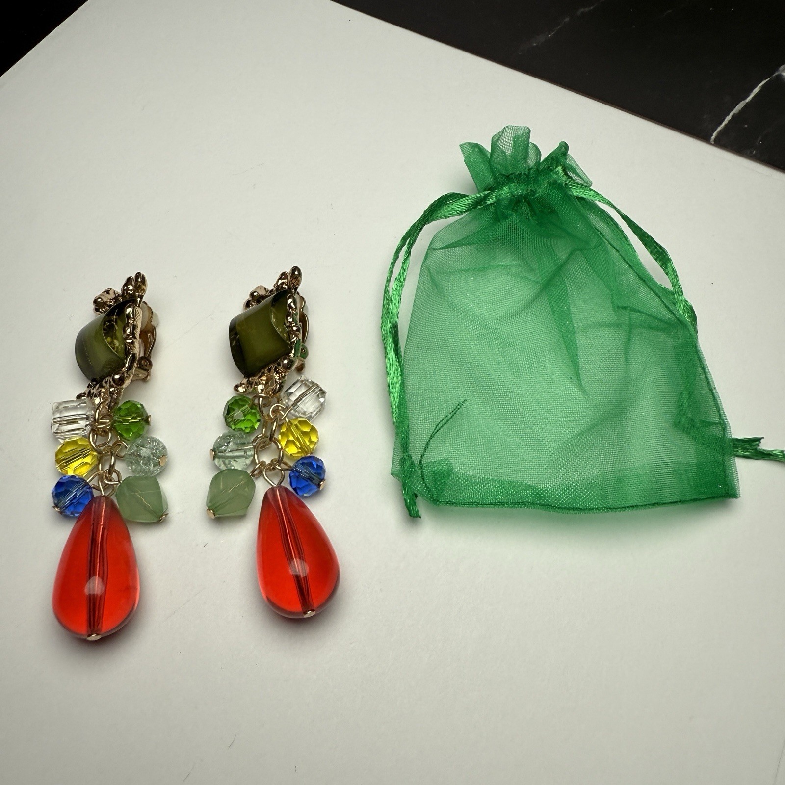 Beaded Dangle Drop Gold Tone Clip-on Earrings Red Green Blue Yellow Multi Color
