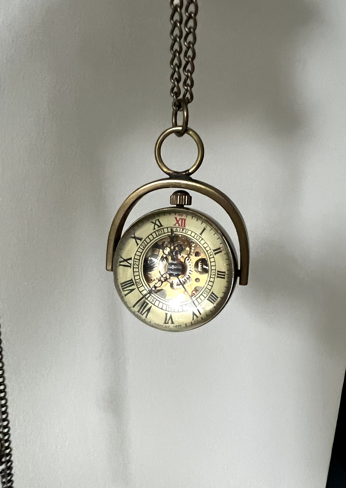 Rare Vintage Necklace Watch Clock Gears Steampunk Heavy Brass Glass Ball Orb