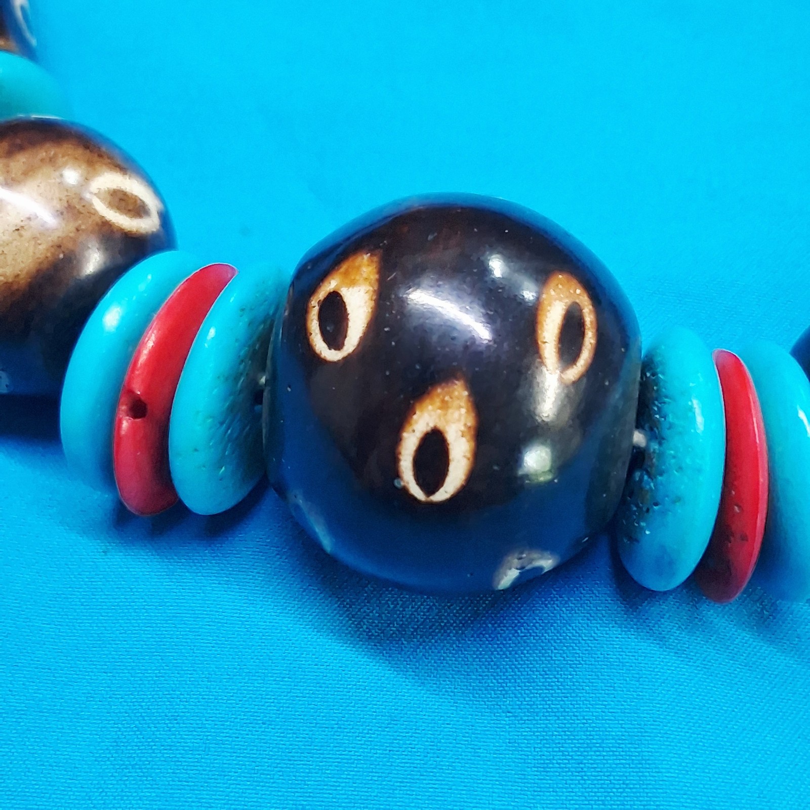 Vintage Channel Set Wood Bead Dotted Design Statement Necklace