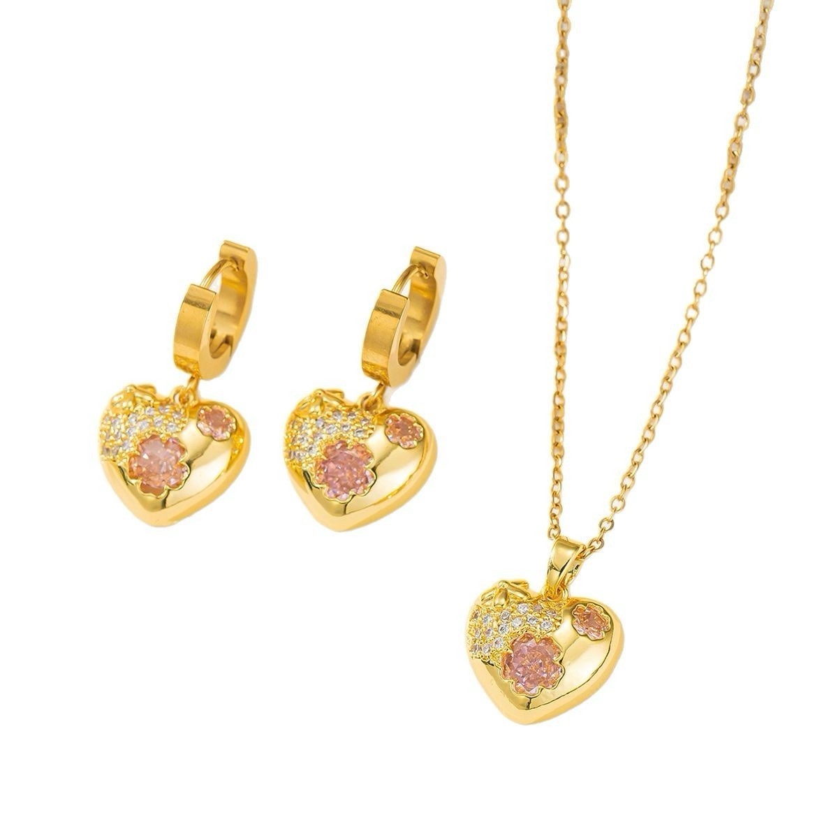 Gold Tone Pink Heart Crystal Rhinestone Jewelry Set: Necklace Pendant & Earrings