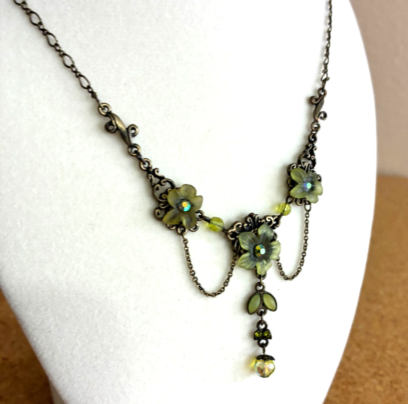 VTG Michal Negrin Green Enamel Floral Rhinestones Necklace Bib Shabby Chic Boho