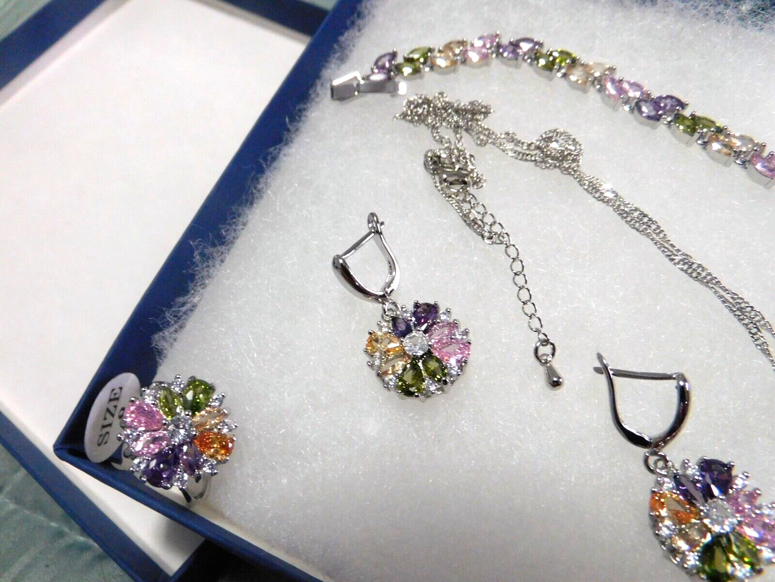 New 5 Piece Necklace Earrings Bracelet Ring Multi-Color Zircons 925 Wedding Set