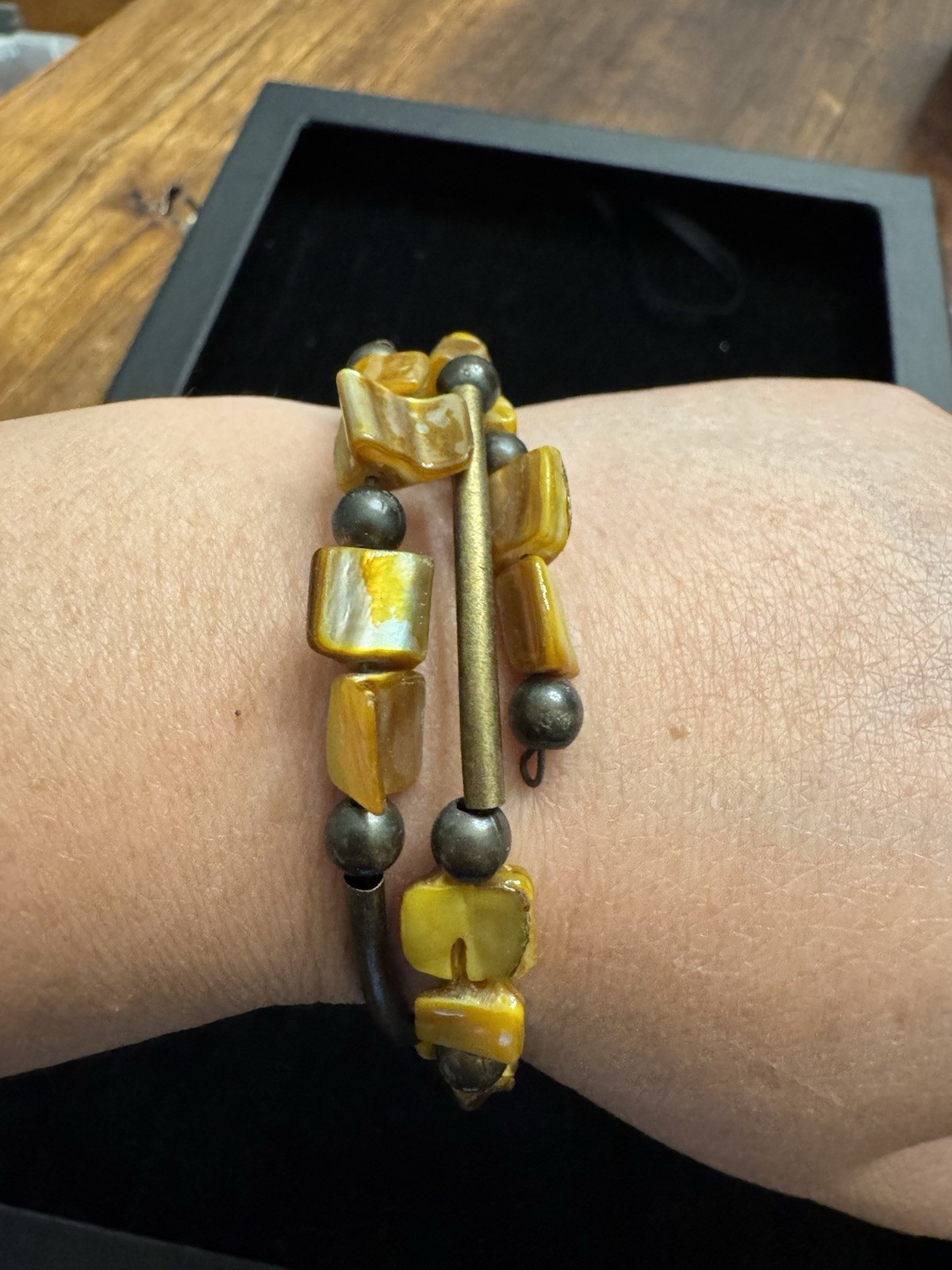 Boho Wrap Bracelet Yellow Tiger Eye Stone Look Antique Brass Beaded Stretch