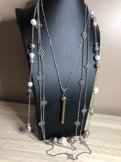 B1797 Lot of 3 silvertone necklaces Lia sophia / other branded long faux pear
