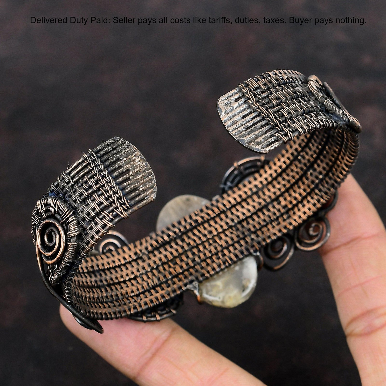 Copper Oval Natural Plume Agate Rainbow Moonstone Wire Wrapped Wife New Bangle