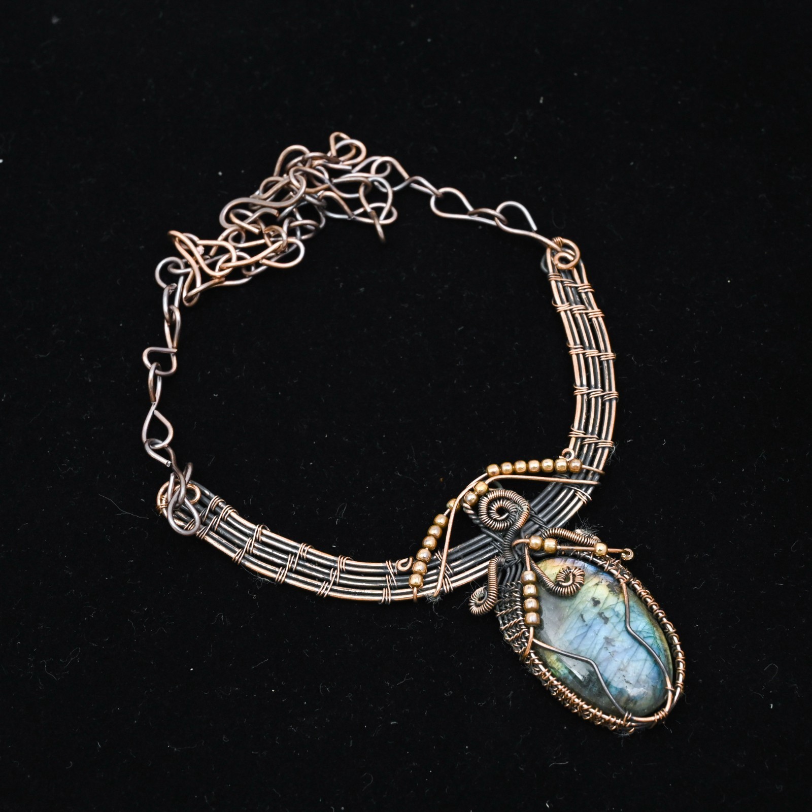 Copper Wire Wrapped Labradorite Pendant Necklace Artisan Handcrafted Necklace