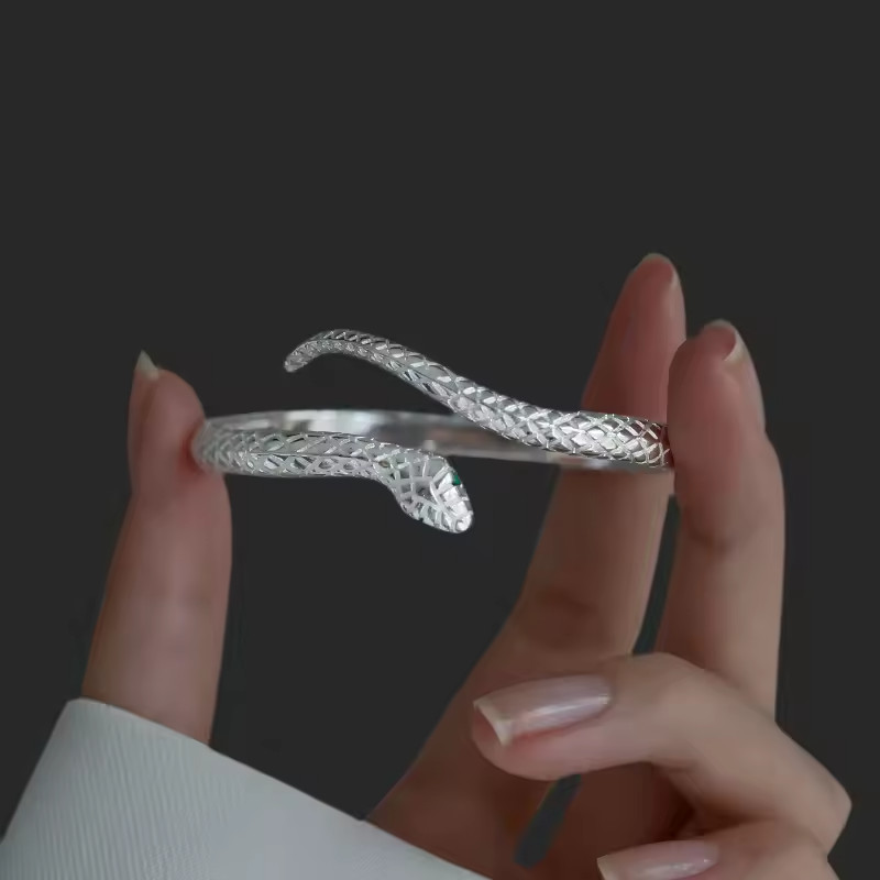 Elegant 925 Sterling Silver Charm Cobra Snake Design Bracelet Bangle Cuff