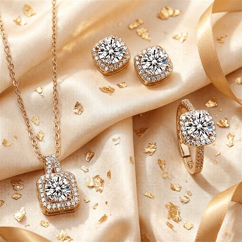 4PCS Cubic Zirconia Jewellery Set Necklace Earrings Ring Daily wear Wedding Gift