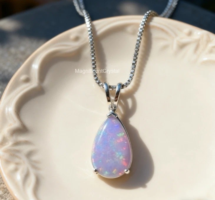 Dainty Opal Purple Pendant Teardrop Minimalist Opalite Necklace Women Jewelry
