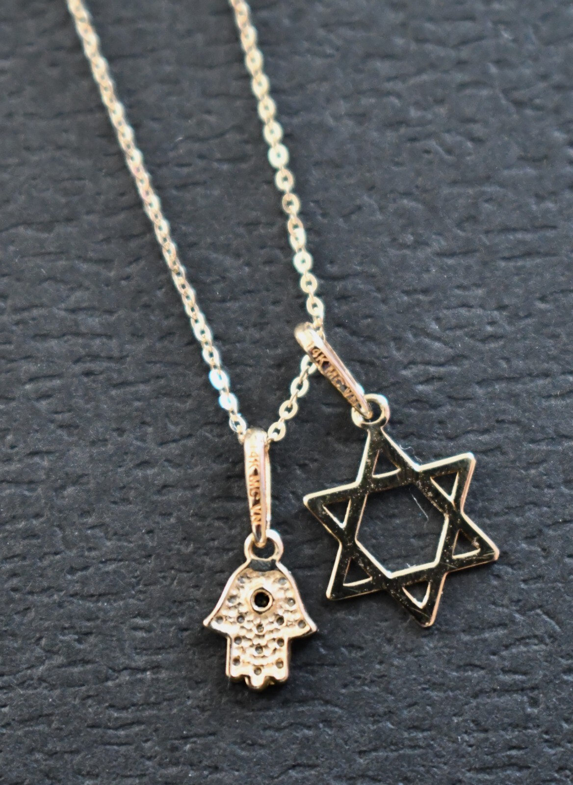 New 14K YELLOW GOLD STAR OF DAVID & HAMSA with CZ Stones Pendant Necklace