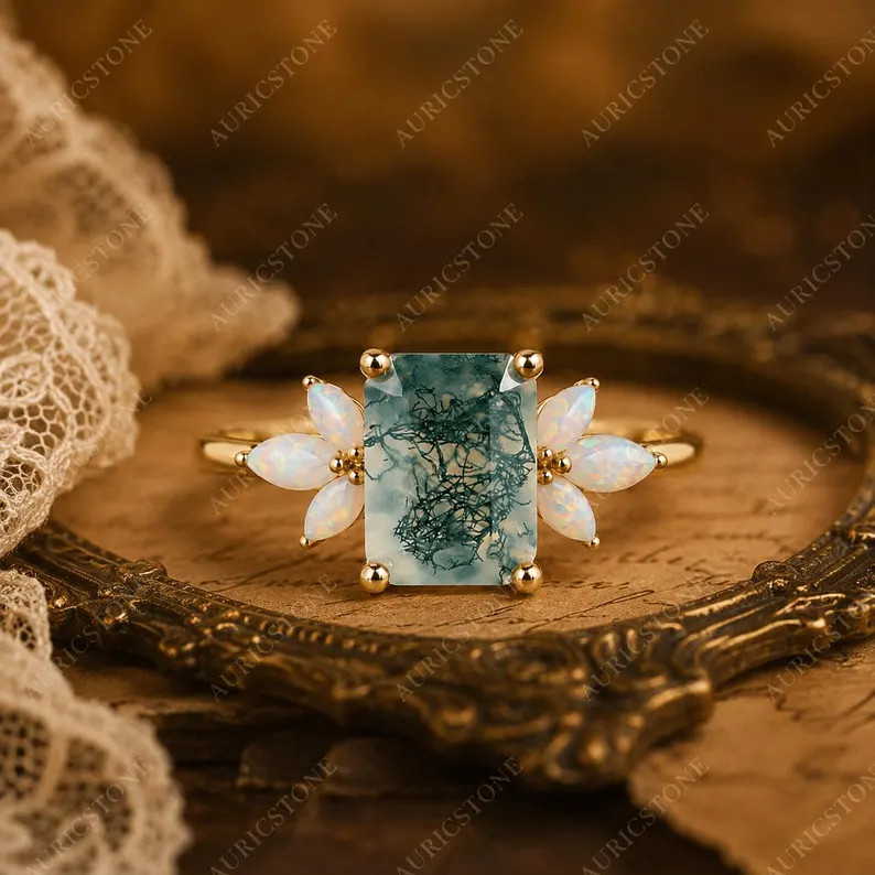 Lab Created Green Moss Agate Ring, Base Metal: Brass Finish: Gold Plated