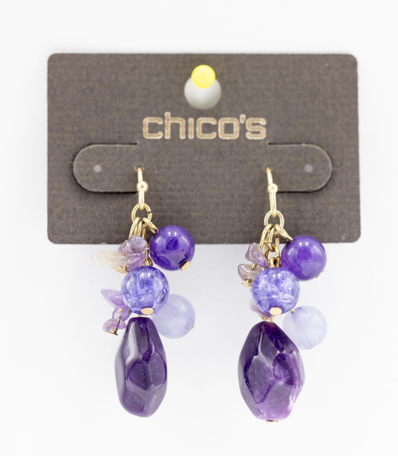 Chico’s Gold-toned drop earrings textured discs beads Purple Shiloh Cluster NWT