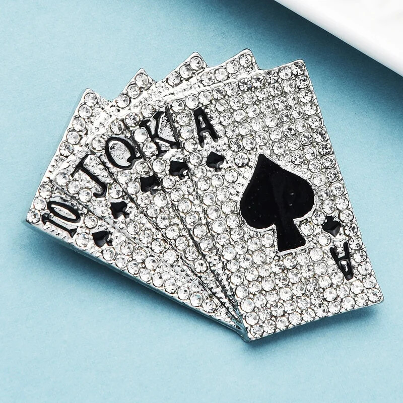 Women Men Sparkling Full Crystal Poker Brooch Unisex Metal Rhinestone Jewelry