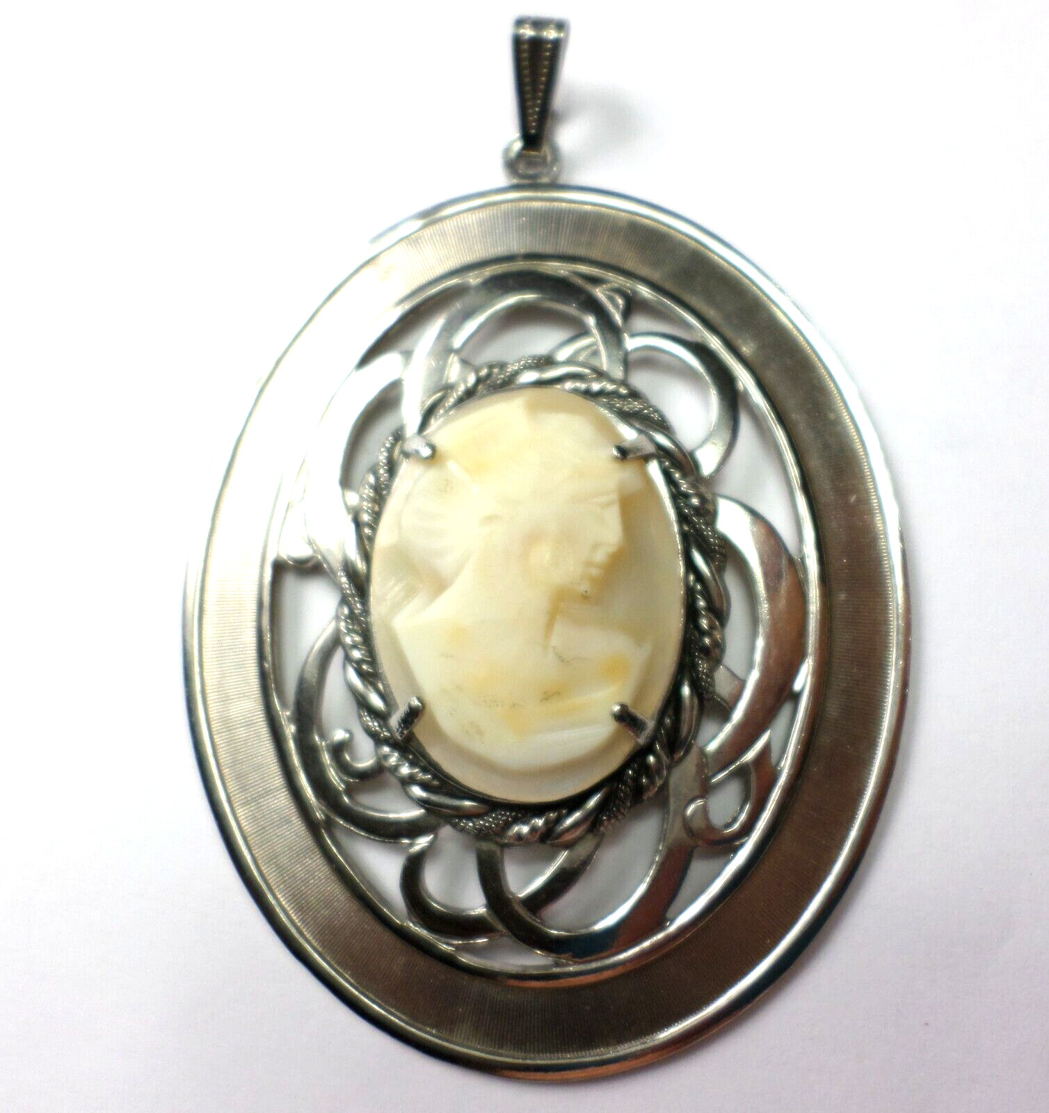 Vintage Woman Shell Cameo 30x22mm Facing Right XLarge Silver Pendant 84x55mm