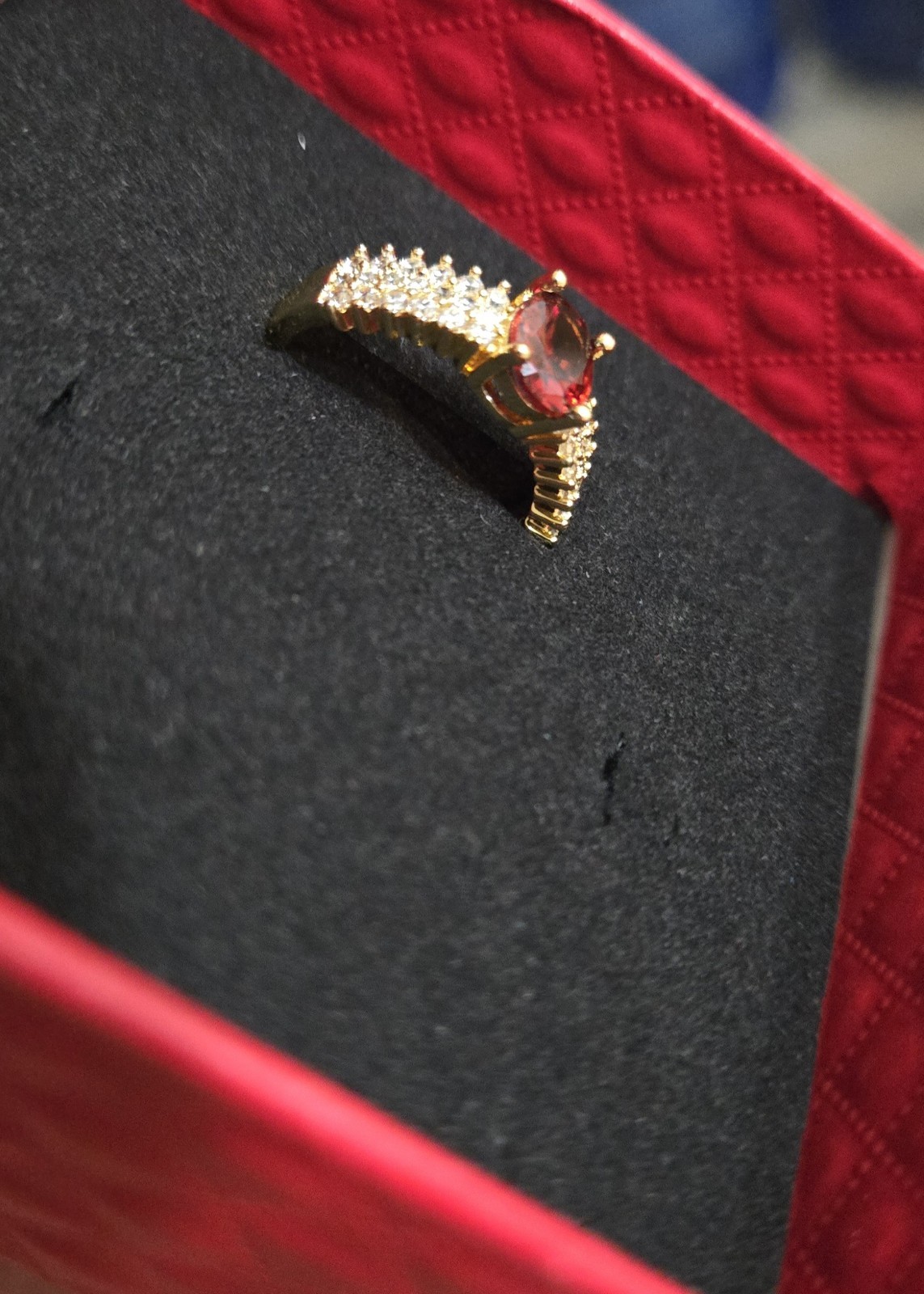 Gold Tone Chain Necklace With A Ring Adjustable Ruby Red Rectangle Pendant