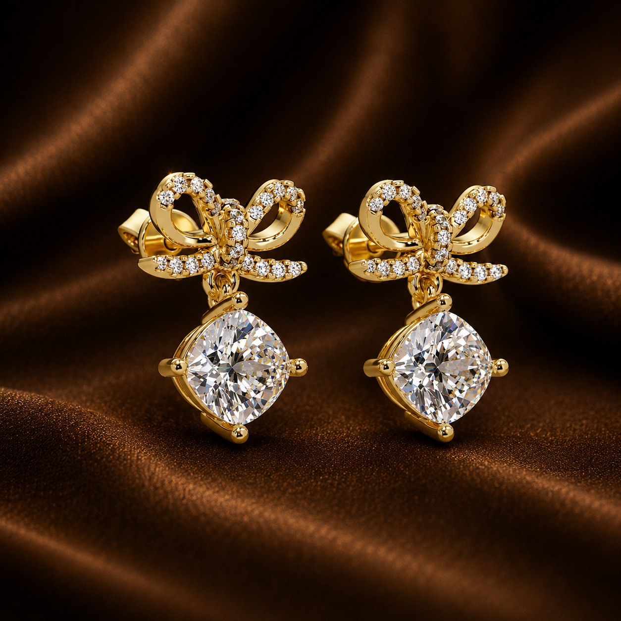 2.15CTW Cushion Lab Grown Diamond Bow Drop Earrings IGI DEF VVS2 925 Silver Stud