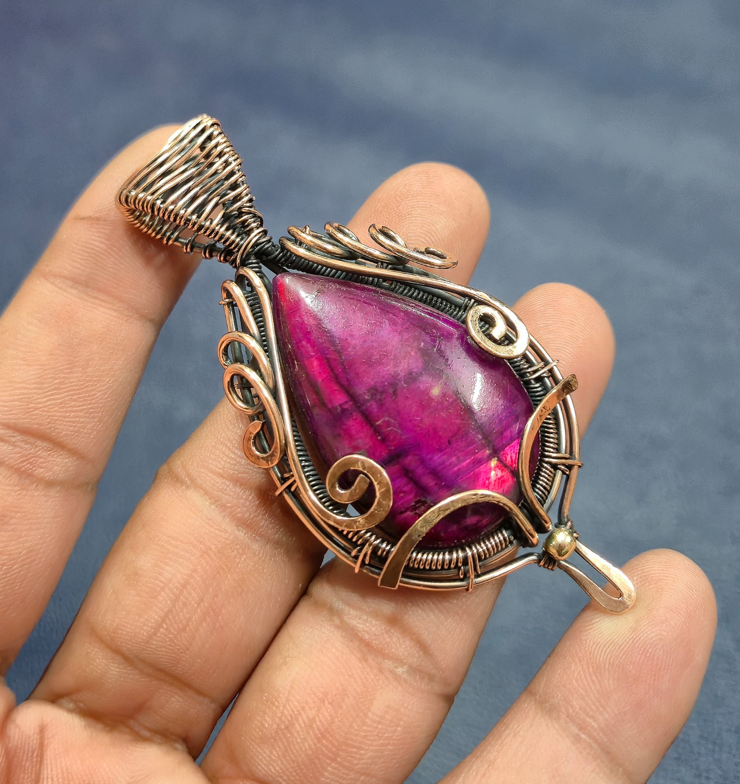 Pink Fire Labradorite Pendant Copper Wire Wrapped Jewelry Handmade Gem Jewelry