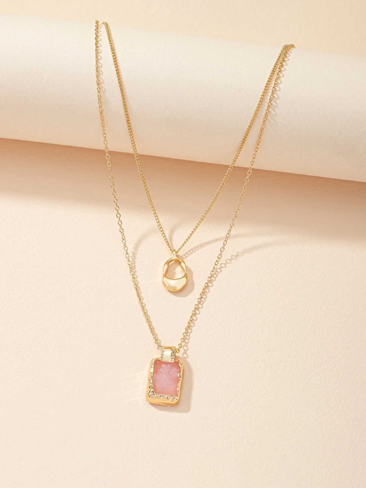 Layered Druzy Stone Pendant Necklace Gold Plated Stainless Steel Boho Women