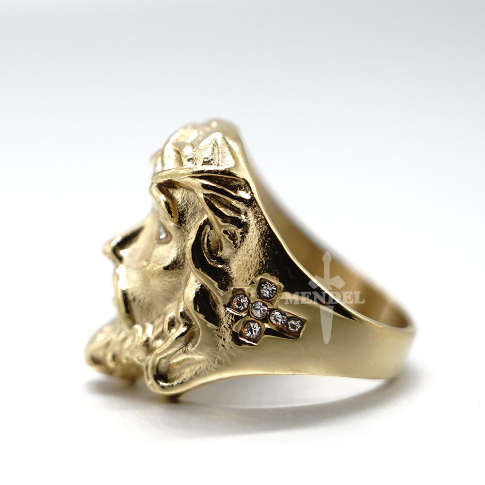 MENDEL Mens Gold Plated Cross Jesus Christ Face Ring Stainless Steel Size 7-15