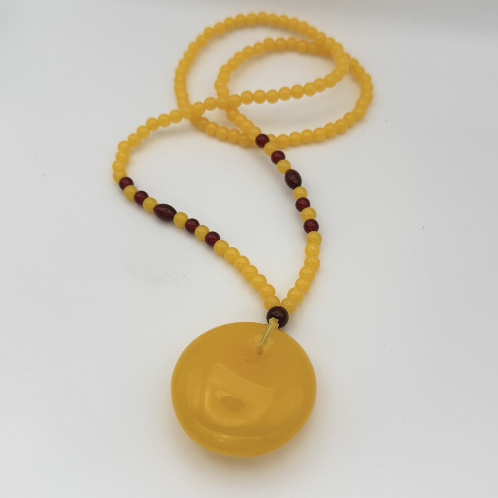 Retro Yellow Plastic Beaded Necklace Large Disc Pendant Statement Boho