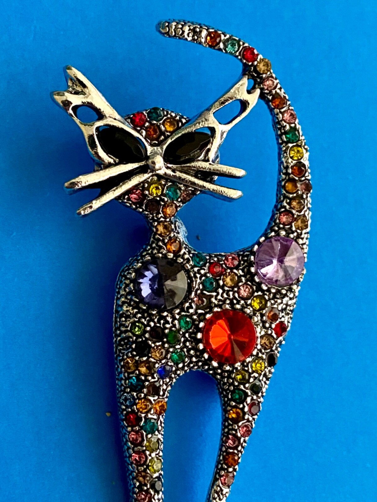 Multicolor Rhinestone Silver Cat Brooch Box included