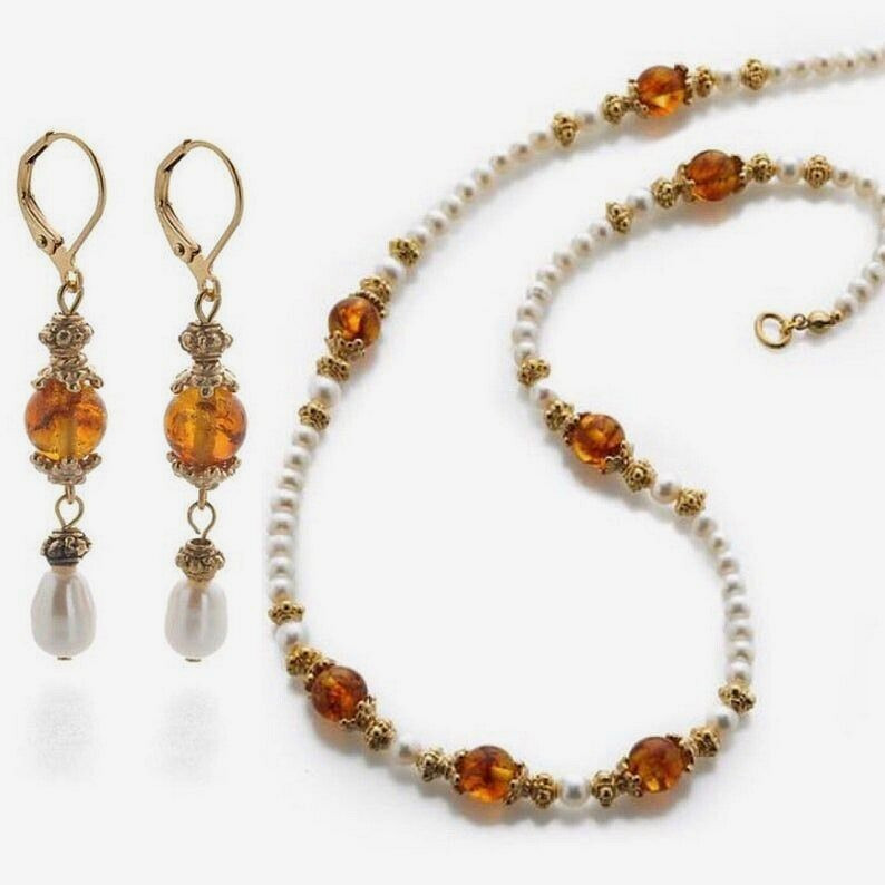 Baltic Amber & Pearl Necklace 17″ plus 2″ Extender & Earrings Set 1/4 ” Long