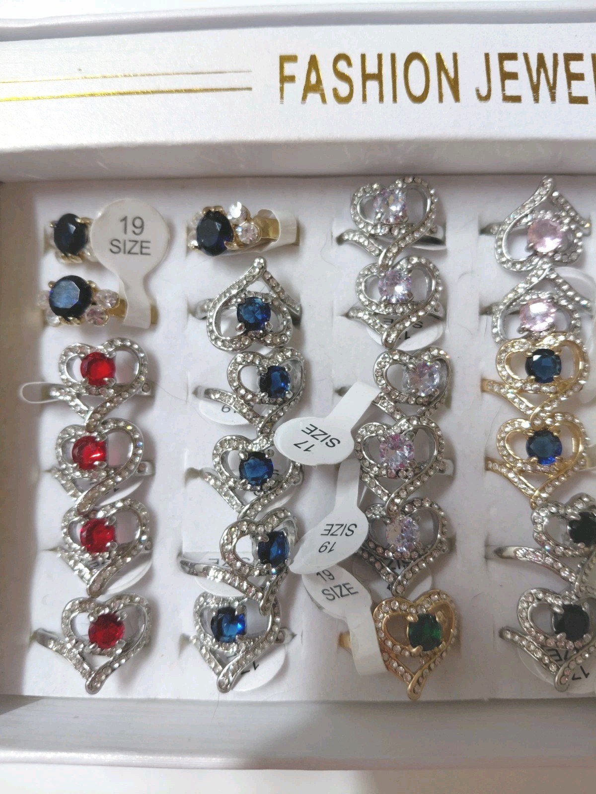 36 Pc Fashion Jewelry Ring Lot Heart Rhinestone Crystal Mixed Sizes 17 18 19 New