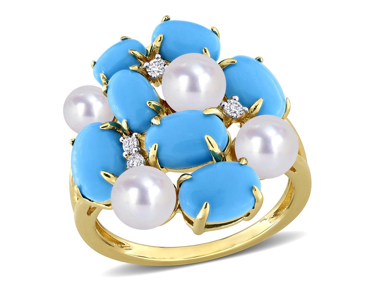 5.60 Carat (ctw) Lab-Created Turquoise White Sapphire Cultured Pearl Ring Silver