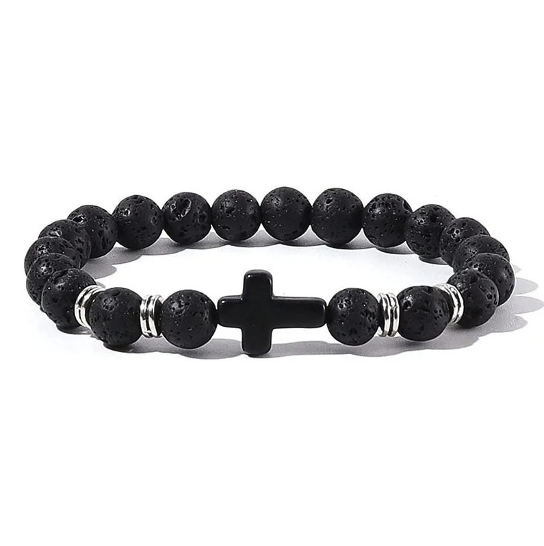 1pc Natural Stone & Wood Bead Prayer Bracelet with Cross – NEW