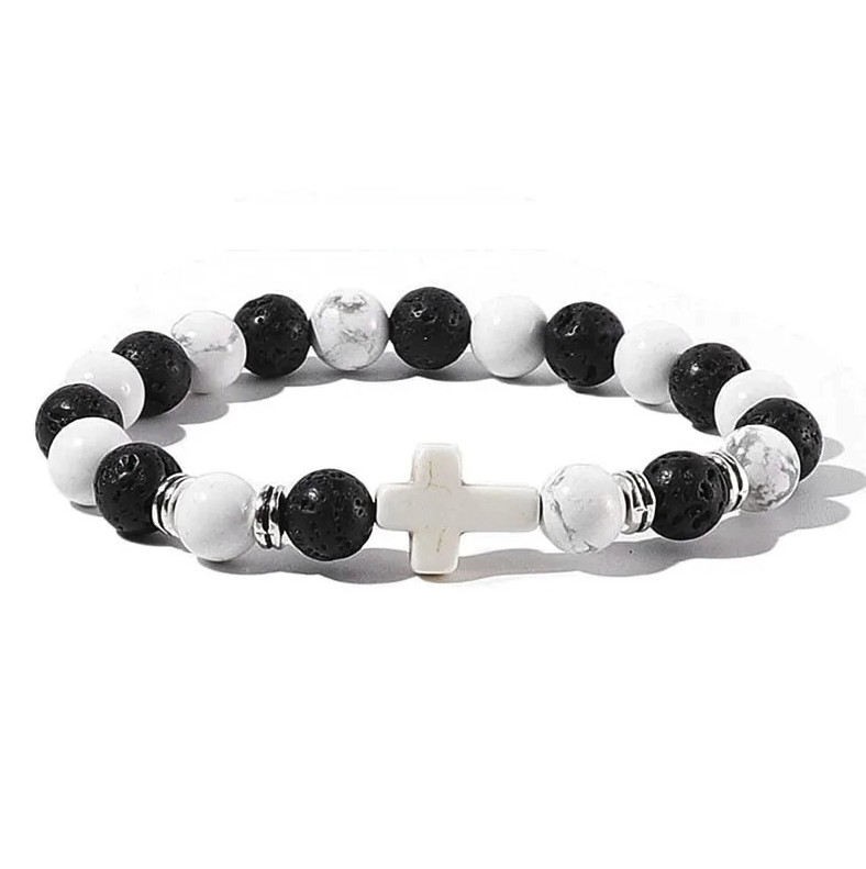 1pc Natural Stone & Wood Bead Prayer Bracelet with Cross – NEW
